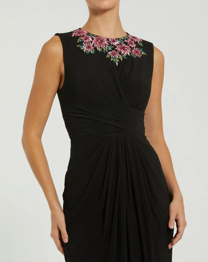 Black Jersey Twist Gown With Embellished Neckline