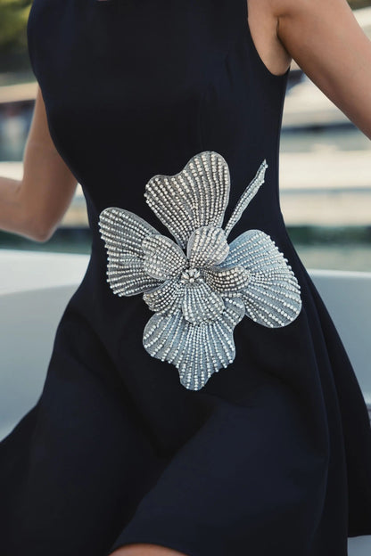 Black Sleeveless Crepe Mini Dress With Rhinestone Flower