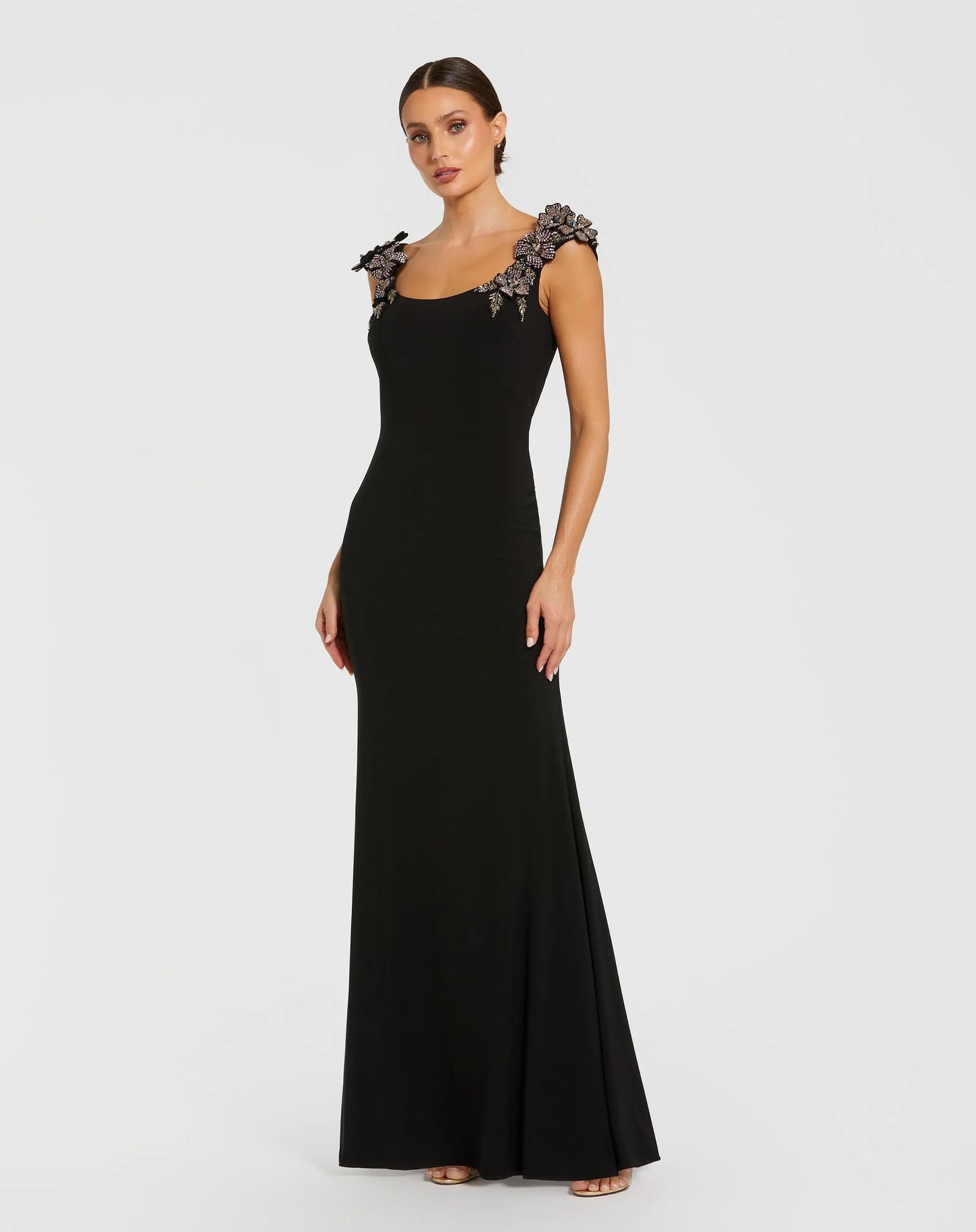 Black Jersey Scoop Neck Gown with 3D Flower Details