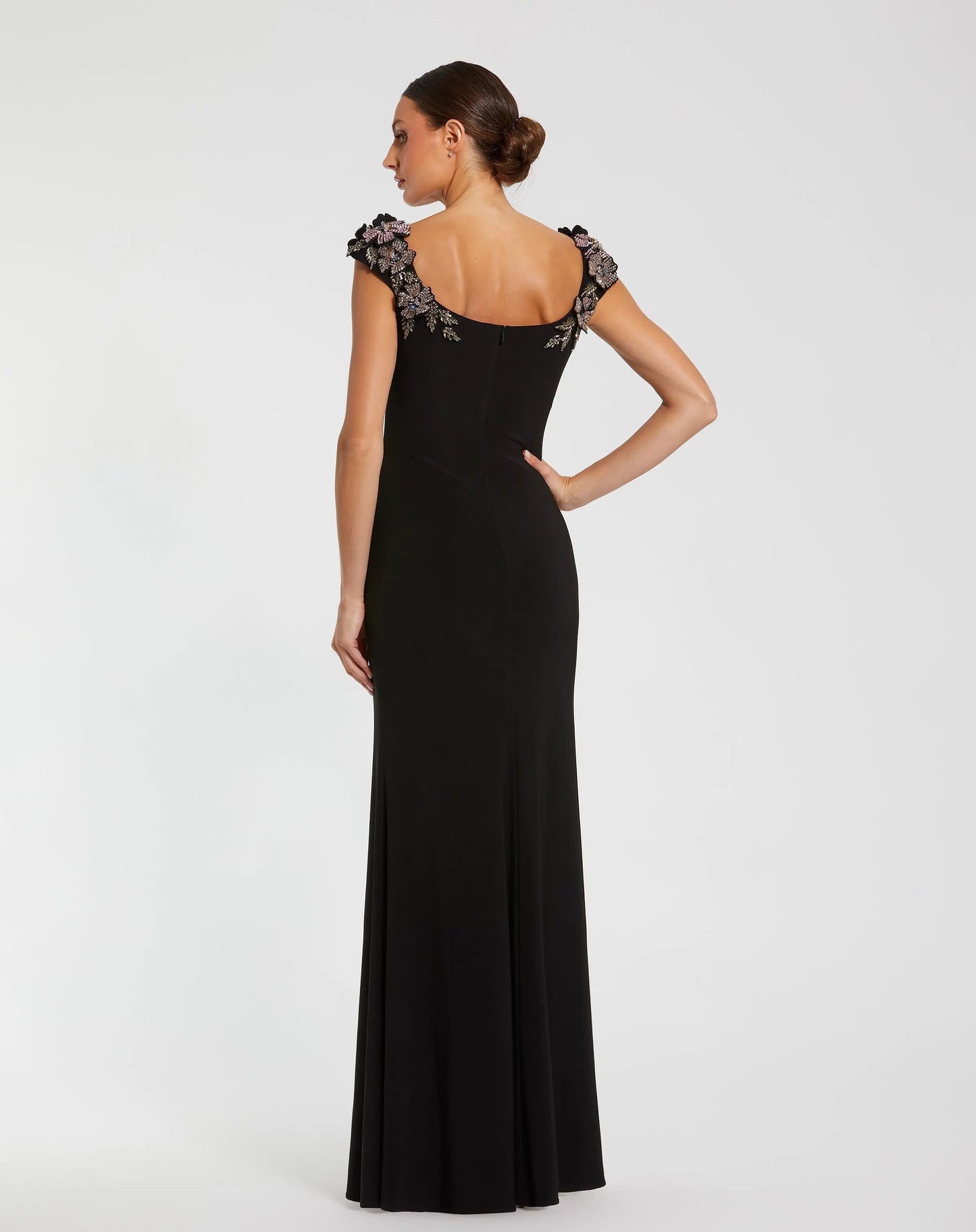 Black Jersey Scoop Neck Gown with 3D Flower Details