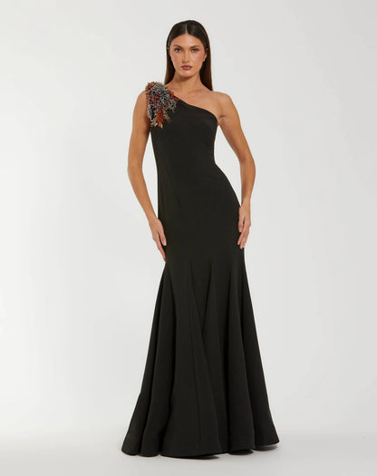Black One Shoulder Beaded Mermaid Gown