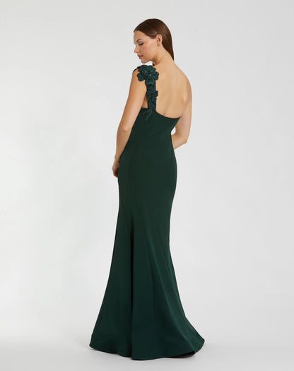 Emerald Green One Shoulder Beaded Flower Mermaid Gown