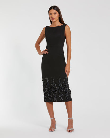 Crepe Sleeveless Midi Dress With Flower Beading