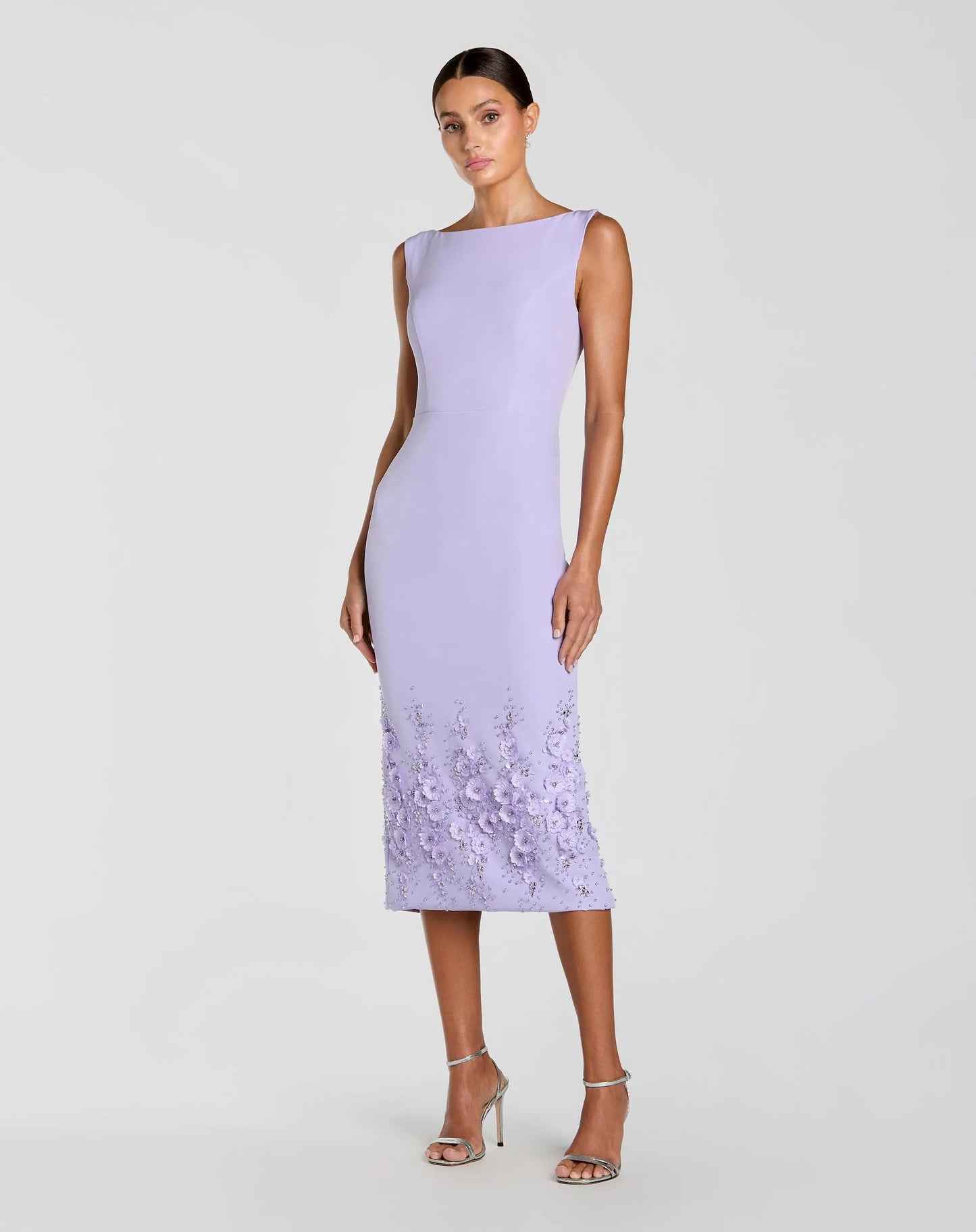 Crepe Sleeveless Midi Dress With Flower Beading
