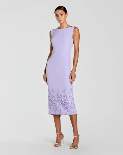 Crepe Sleeveless Midi Dress With Flower Beading
