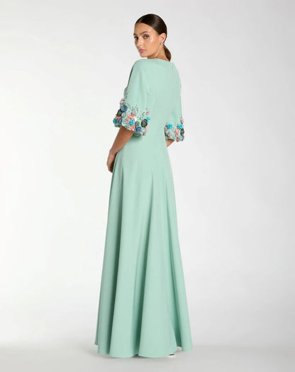 Green Crepe 3/4 Sleeve A-line Gown With Flower Trim