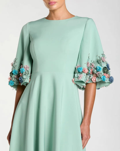 Green Crepe 3/4 Sleeve A-line Gown With Flower Trim