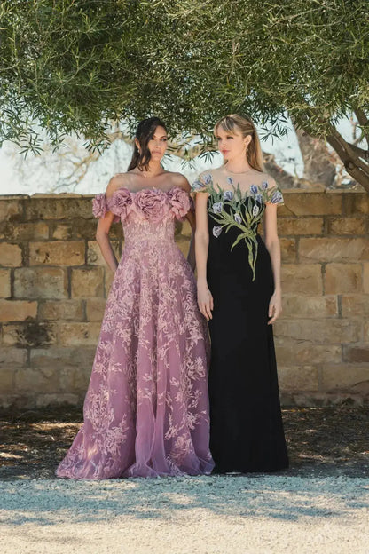 Black High Neck Floral Embroidered Jersey Gown