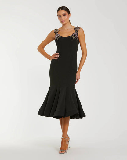 Black Sleeveless Midi Dress With Floral Embellishments