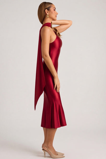 Asymmetric Scarf-Detail Midaxi Dress in True Red
