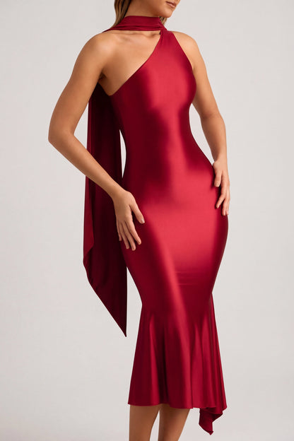 Asymmetric Scarf-Detail Midaxi Dress in True Red