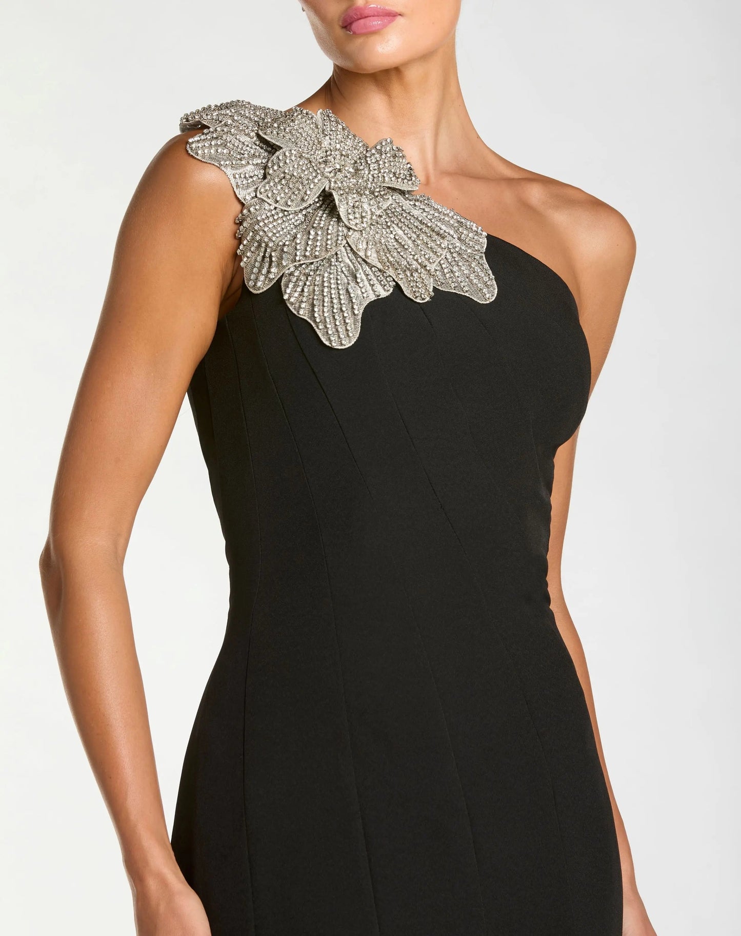 Petite Black Crepe One Shoulder Mermaid Midi Dress With Flower