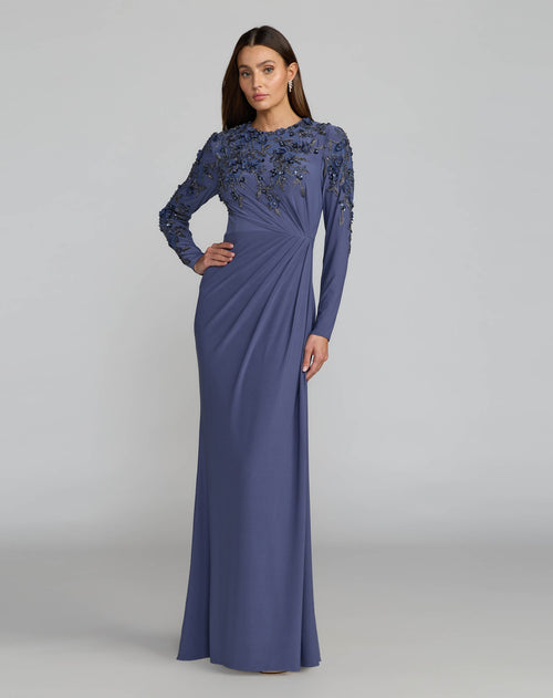 Blue High Neck Long Sleeve Beaded Jersey Gown