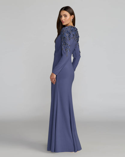 Blue High Neck Long Sleeve Beaded Jersey Gown