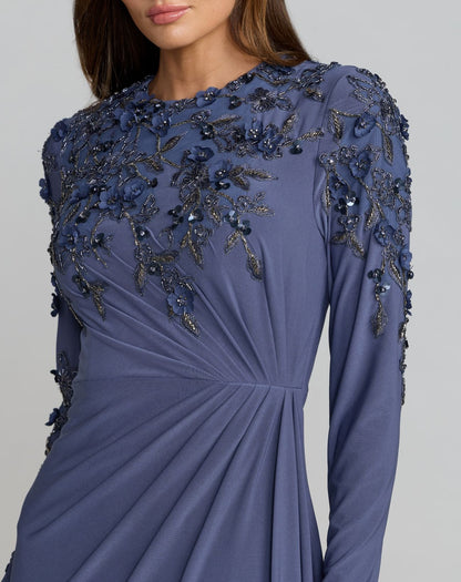 Blue High Neck Long Sleeve Beaded Jersey Gown