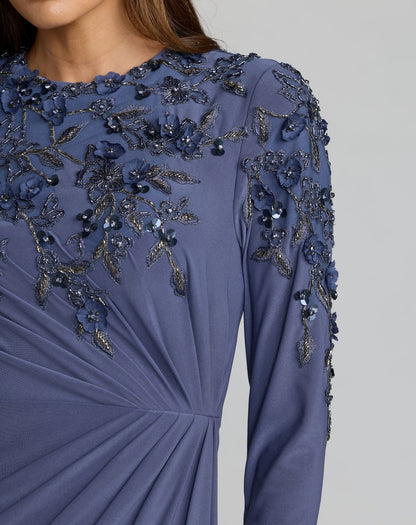 Blue High Neck Long Sleeve Beaded Jersey Gown