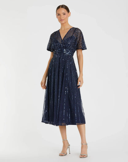 Navy Embellished Short Sleeve Empire Waist Dress