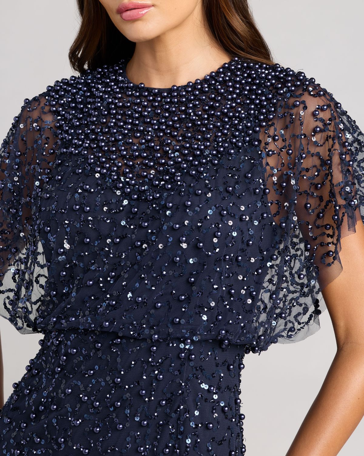 Navy High Neck Short Sleeve Embellished Gown