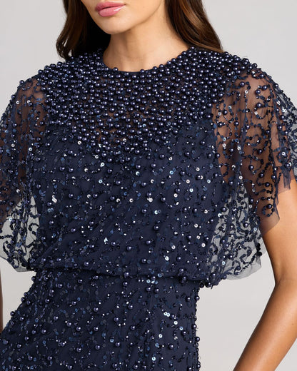 Navy High Neck Short Sleeve Embellished Gown