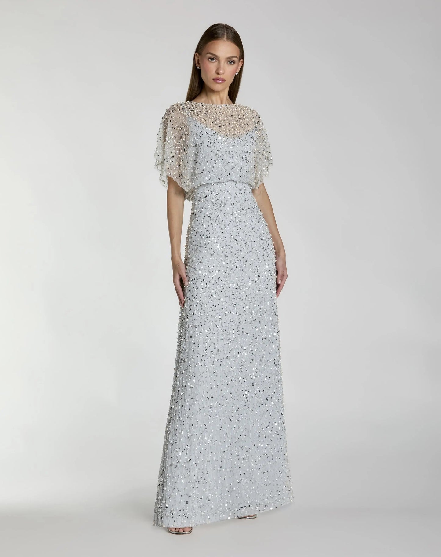 Blue High Neck Short Sleeve Embellished Gown