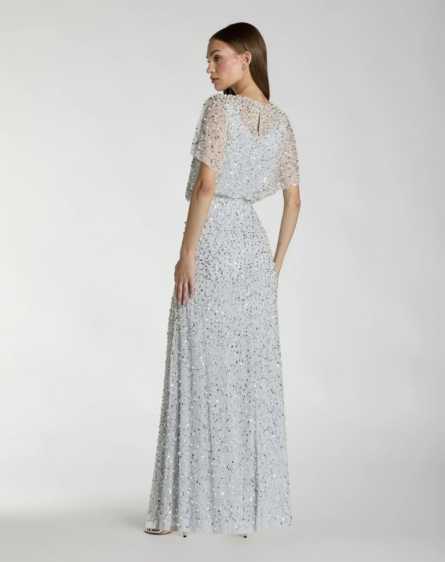 Blue High Neck Short Sleeve Embellished Gown