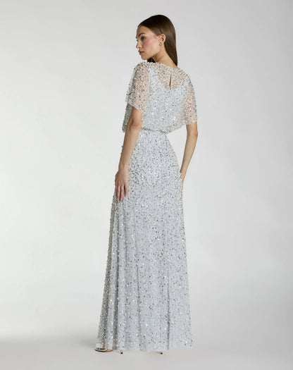 Blue High Neck Short Sleeve Embellished Gown