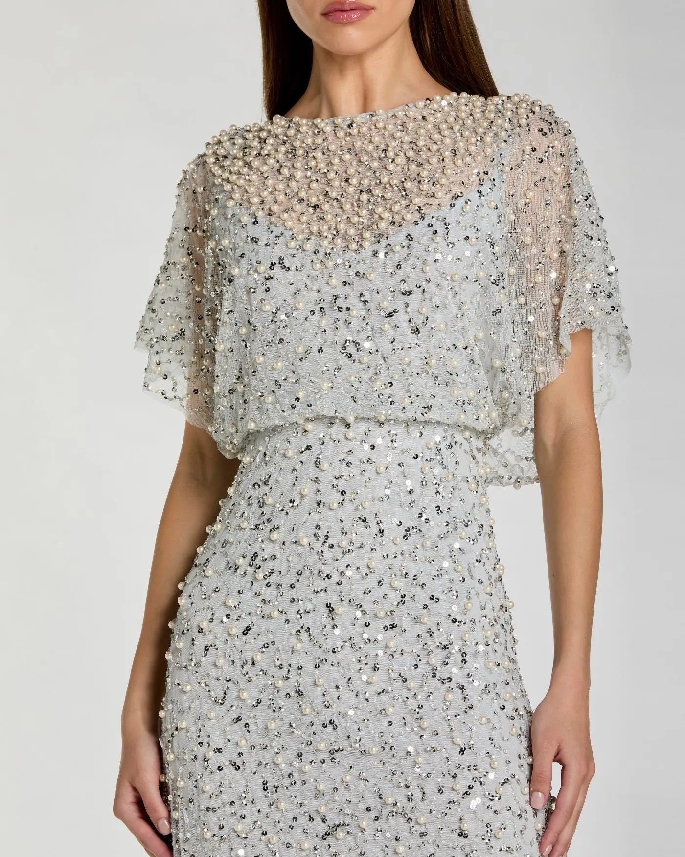 Blue High Neck Short Sleeve Embellished Gown