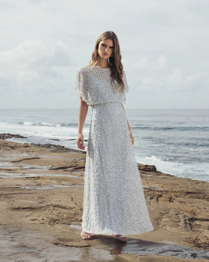 Blue High Neck Short Sleeve Embellished Gown