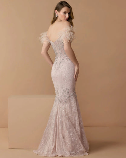Feathered Crystal Embellished Sleeveless Gown