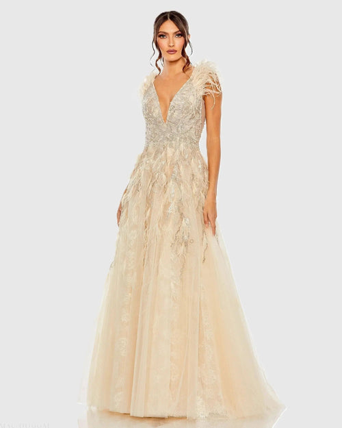 Beige Embellished Feathered Sleeveless A Line Gown