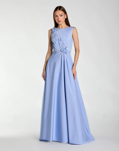 Blue Floral Applique Sleeveless A Line Gown