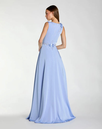 Blue Floral Applique Sleeveless A Line Gown