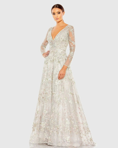 Embroidered Lace Wrap Over Illusion Long Sleeve A Line Gown