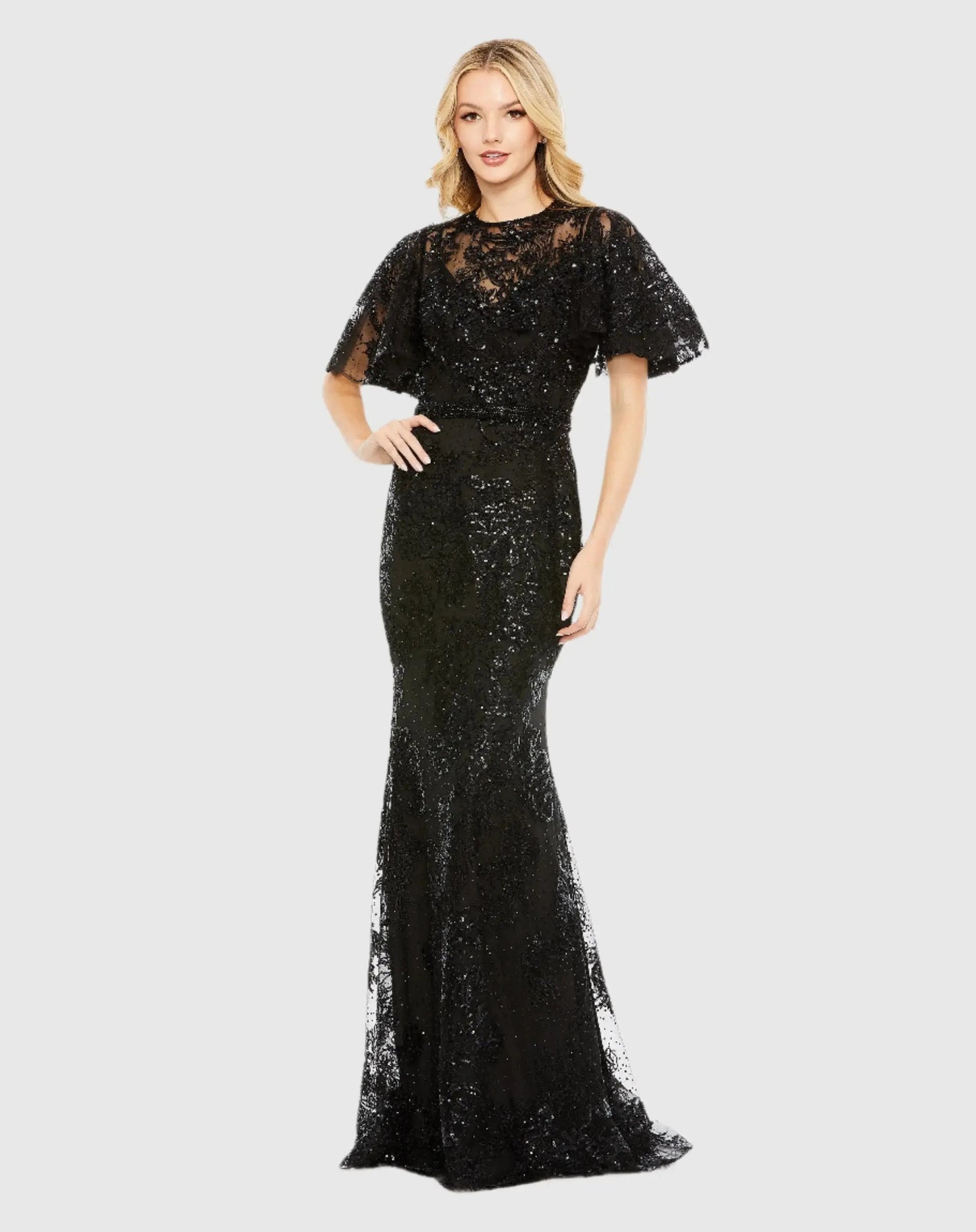 Black Embellished Flutter Sleeve High Neck Gown - FINAL SALE