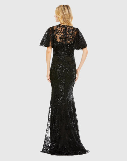 Black Embellished Flutter Sleeve High Neck Gown - FINAL SALE