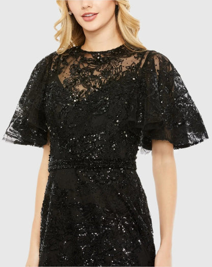 Black Embellished Flutter Sleeve High Neck Gown - FINAL SALE