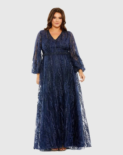 Navy V Neck Puff Sleeve Embroidered A Line Gown (Plus)