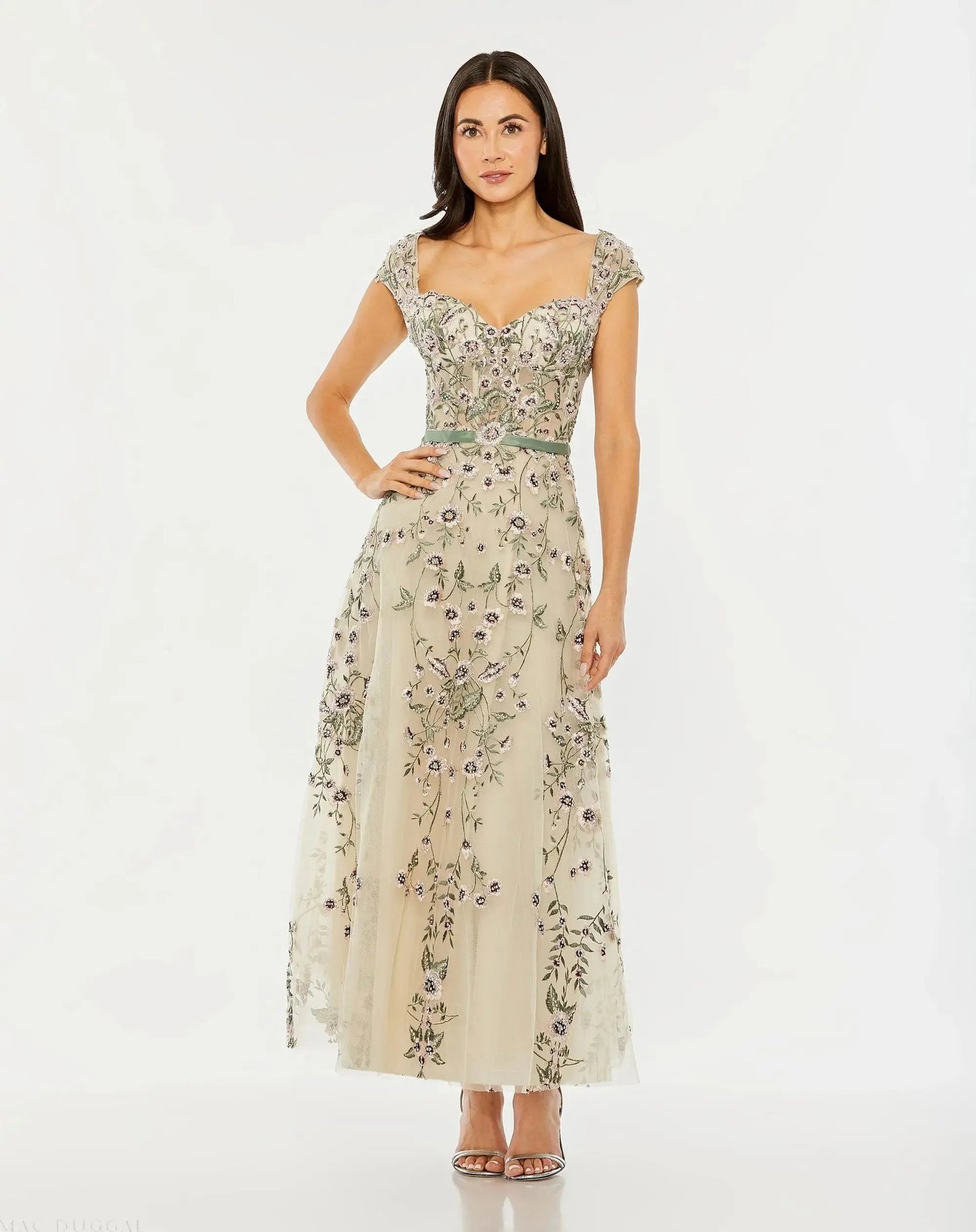 Floral Embroidered Sweetheart Neckline Midi Dress