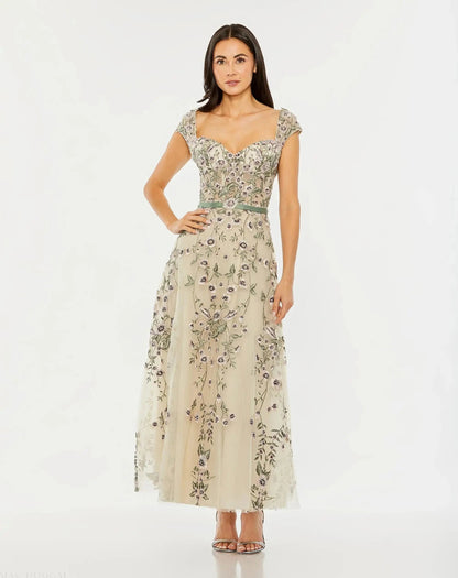 Floral Embroidered Sweetheart Neckline Midi Dress