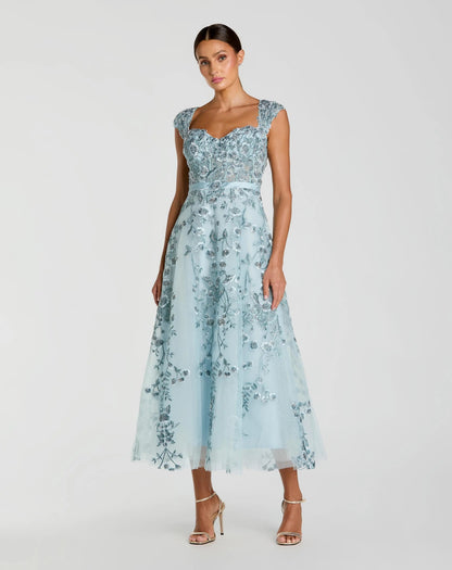 Floral Embroidered Sweetheart Neckline Midi Dress