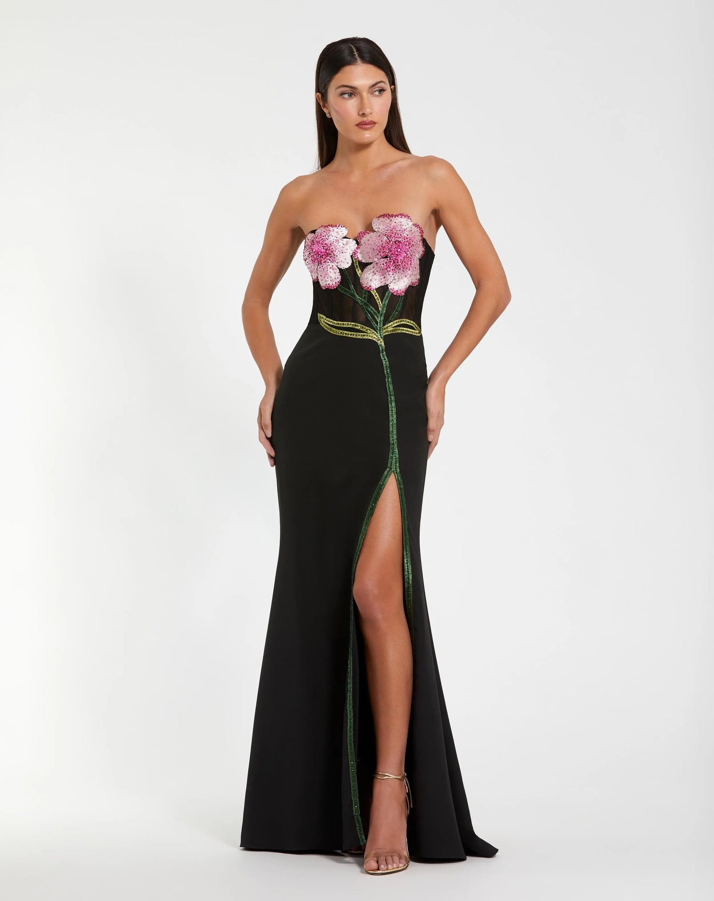 Black Strapless Embroidered Bustier Gown