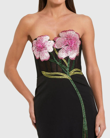 Black Strapless Embroidered Bustier Gown