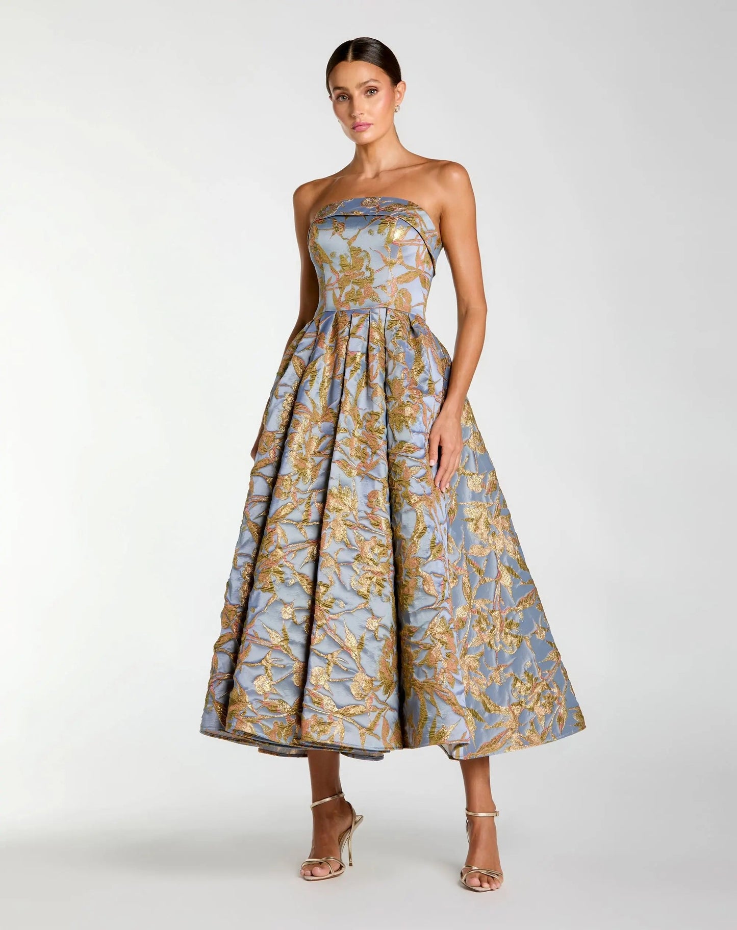 Blue Strapless Brocade Midi Dress With Pockets