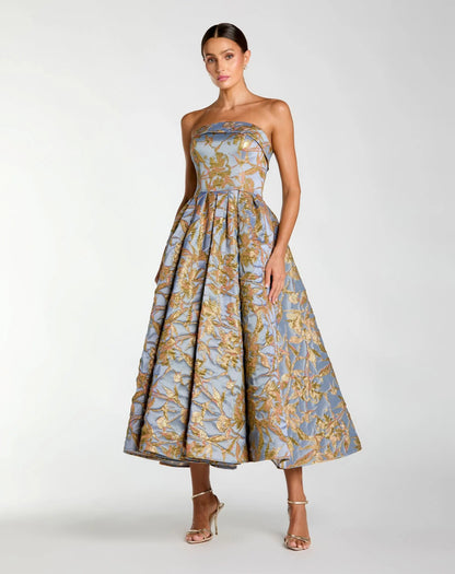 Blue Strapless Brocade Midi Dress With Pockets