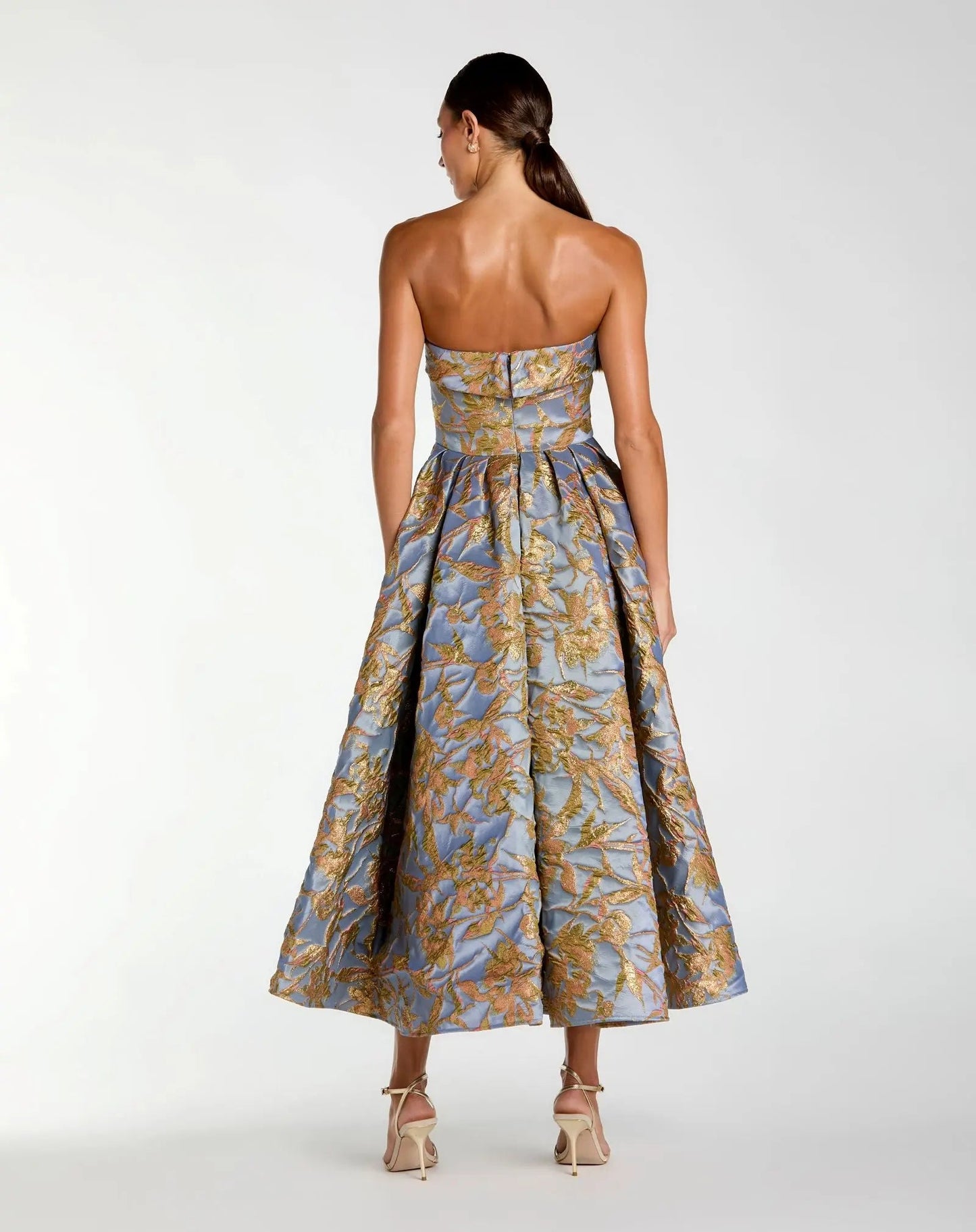 Blue Strapless Brocade Midi Dress With Pockets
