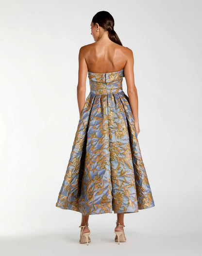 Blue Strapless Brocade Midi Dress With Pockets
