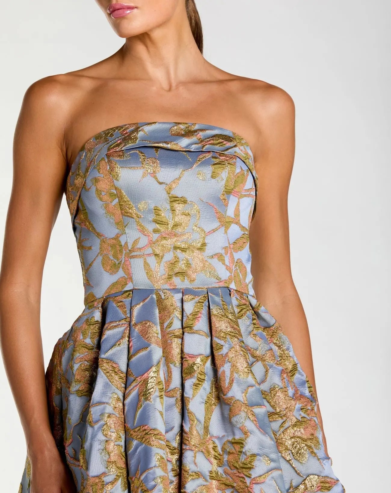 Blue Strapless Brocade Midi Dress With Pockets