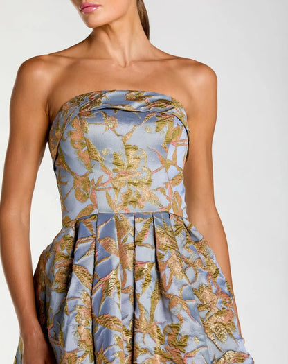 Blue Strapless Brocade Midi Dress With Pockets
