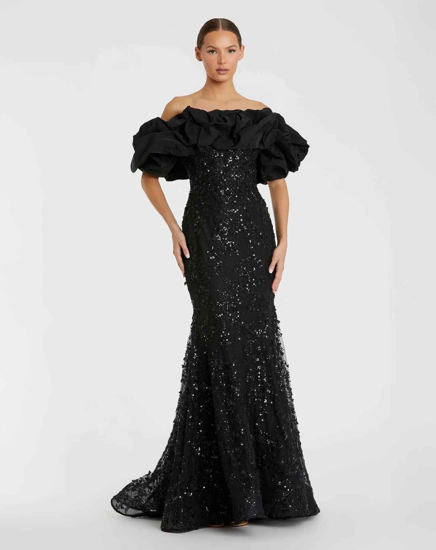 Black Embellished Mermaid Gown With Off The Shoulder Ruffle