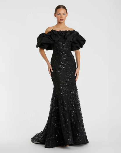 Black Embellished Mermaid Gown With Off The Shoulder Ruffle